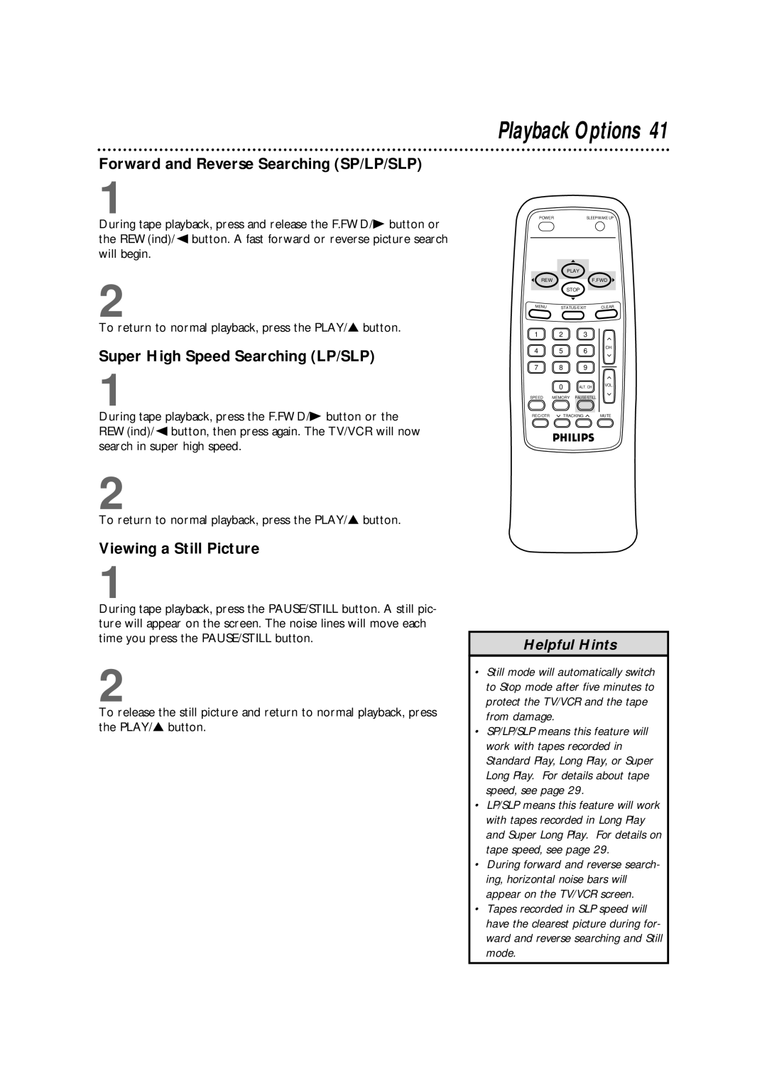 Philips CCB130AT owner manual Playback Options, Forward and Reverse Searching SP/LP/SLP, Super High Speed Searching LP/SLP 