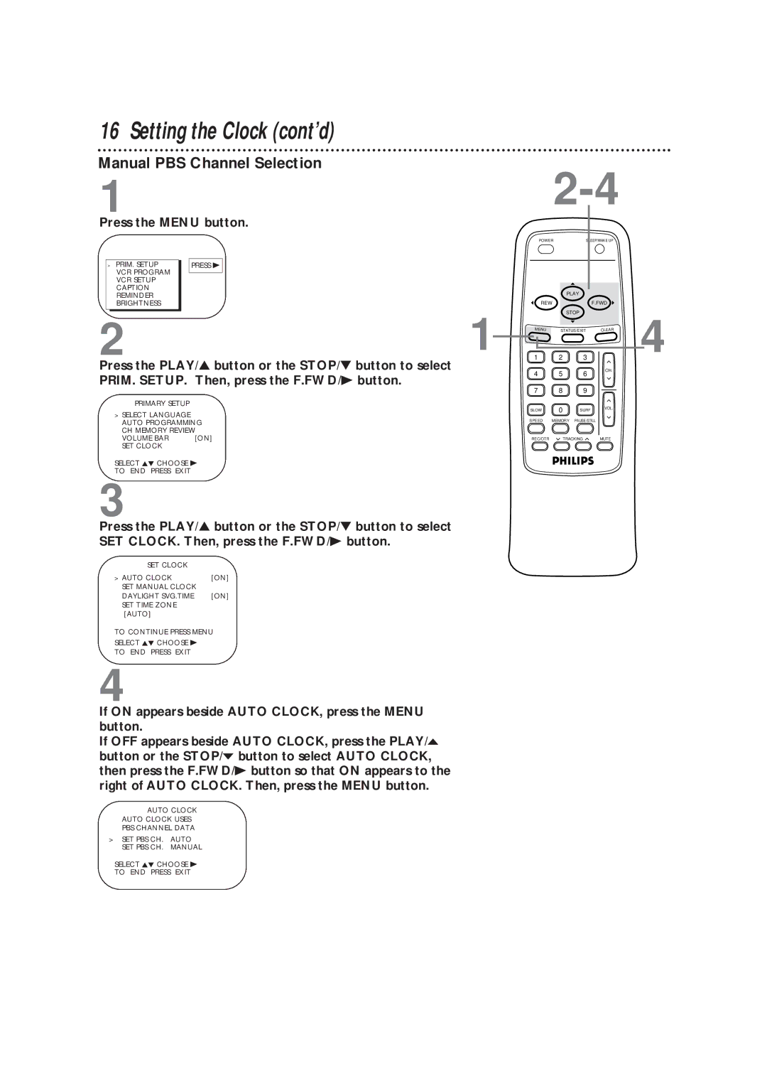 Philips CCB193AT99 owner manual Manual PBS Channel Selection 