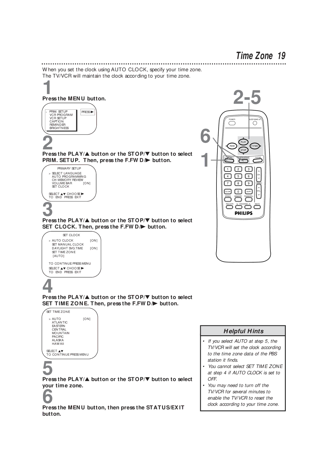 Philips CCB193AT99 owner manual Time Zone 