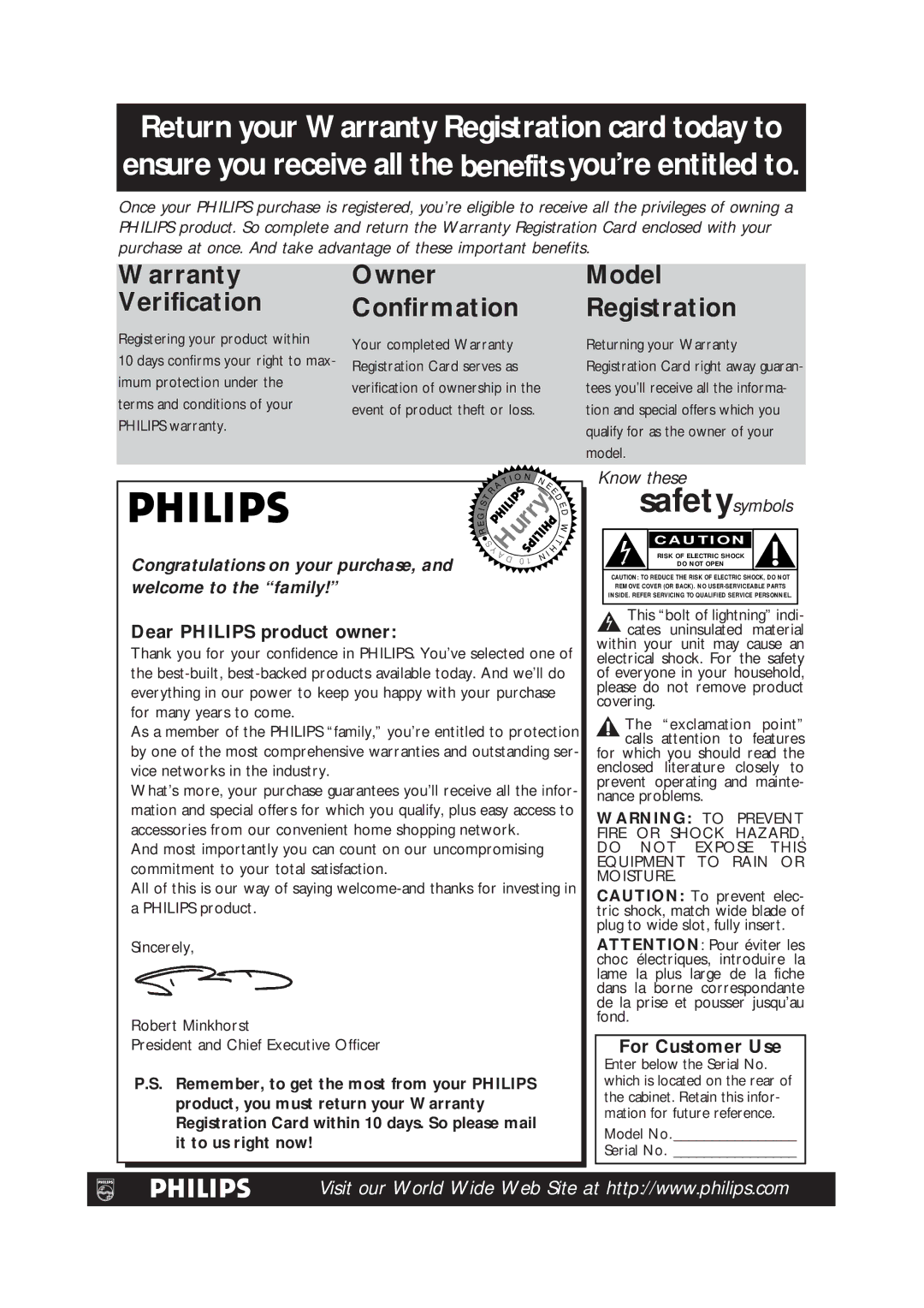 Philips CCB193AT99 owner manual Dear Philips product owner, For Customer Use 