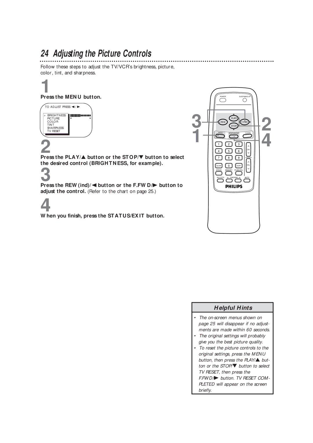 Philips CCB193AT99 owner manual Adjusting the Picture Controls, Press the Menu button 