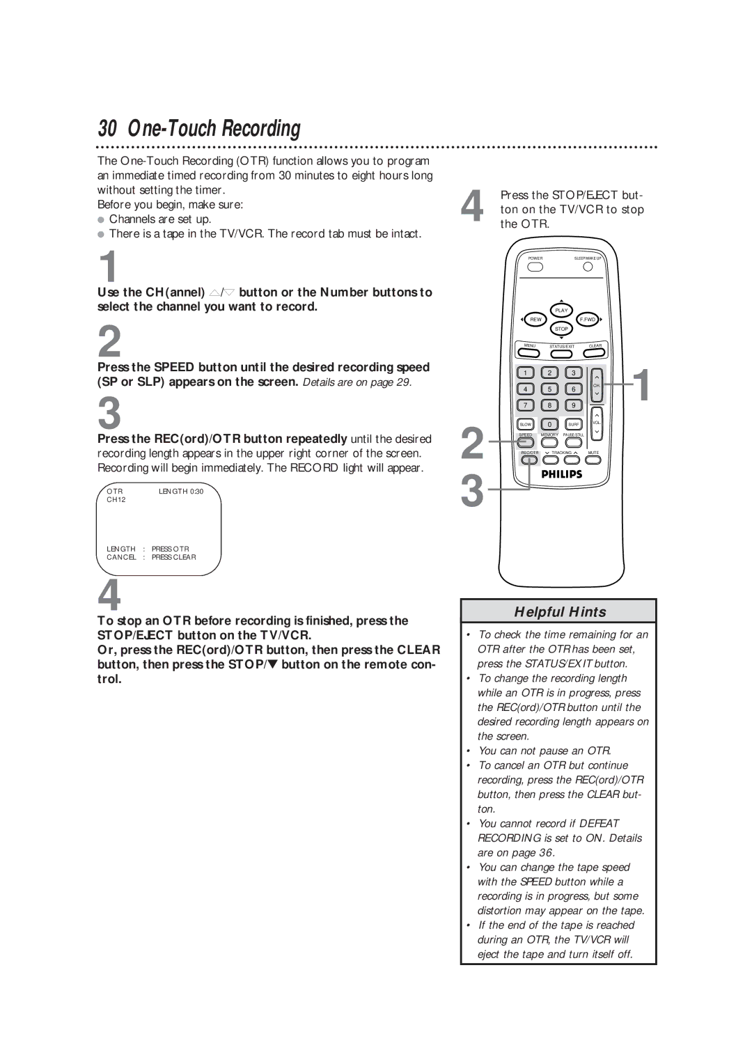 Philips CCB193AT99 owner manual One-Touch Recording, Otr 