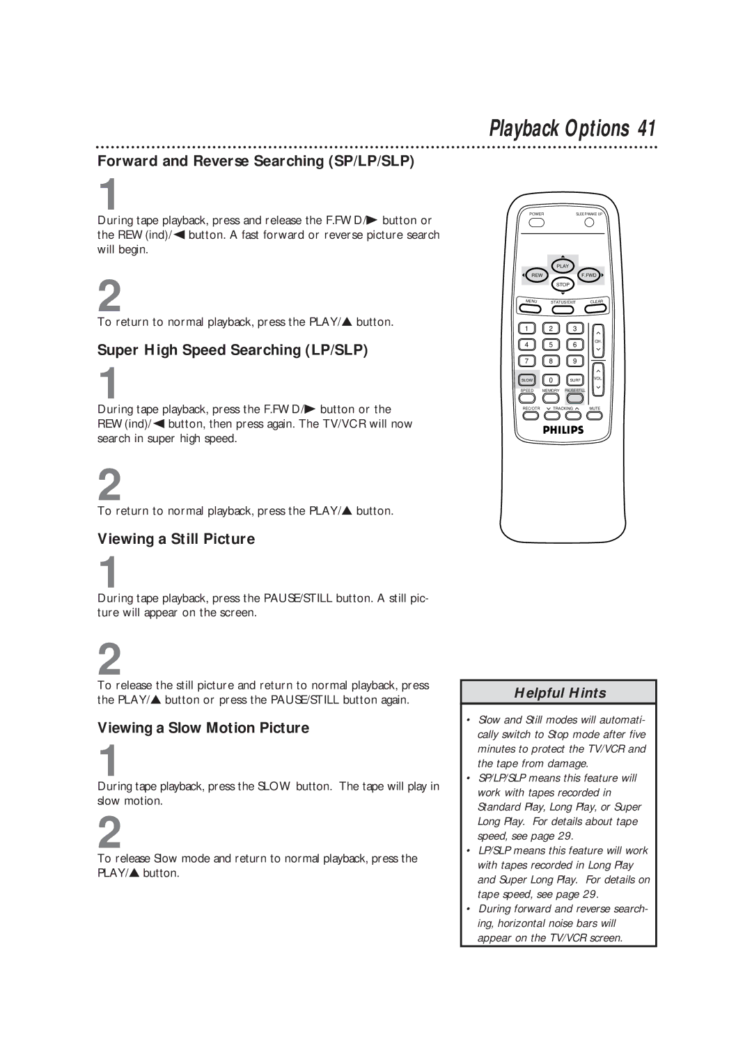 Philips CCB193AT99 Playback Options, Forward and Reverse Searching SP/LP/SLP, Super High Speed Searching LP/SLP 