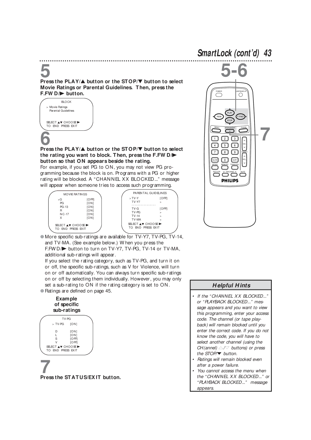 Philips CCB193AT99 owner manual SmartLock cont’d, Example Specific Sub-ratings 