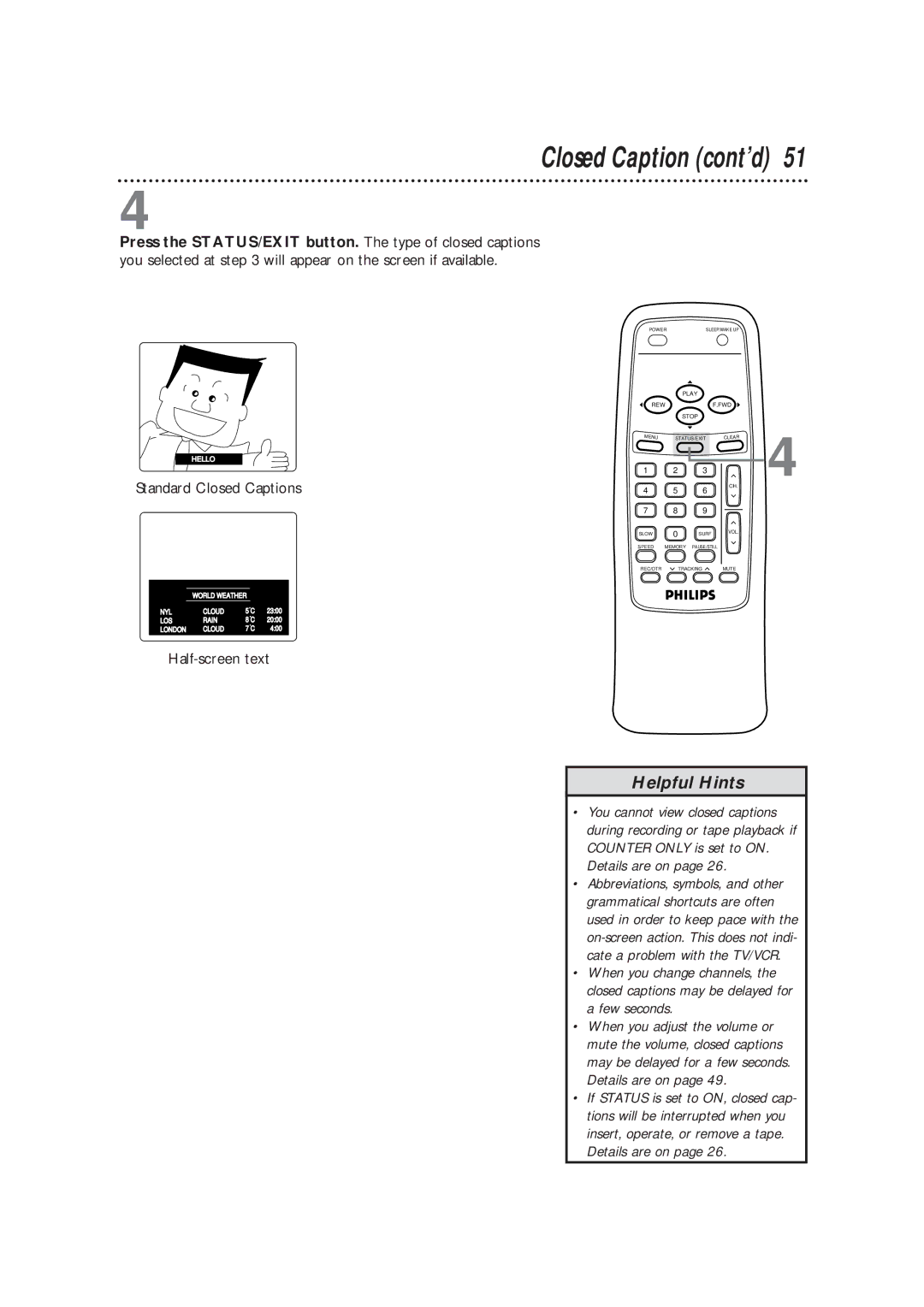 Philips CCB193AT99 owner manual Closed Caption cont’d, Standard Closed Captions 