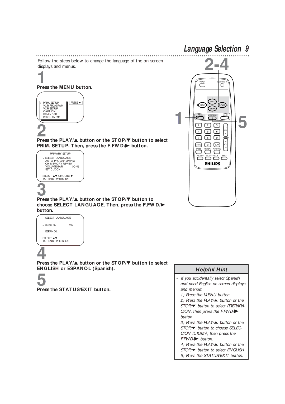 Philips CCB193AT99 owner manual Language Selection, Press the Menu button 