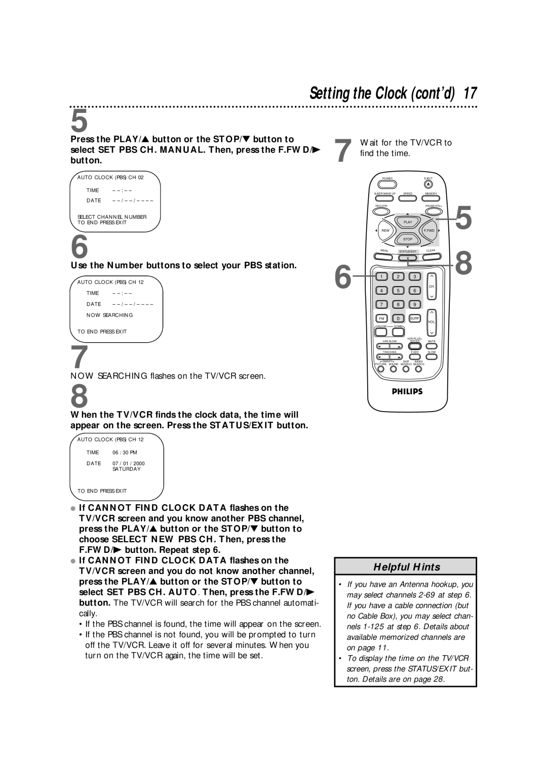 Philips CCB255AT owner manual Use the Number buttons to select your PBS station, Wait for the TV/VCR to find the time 