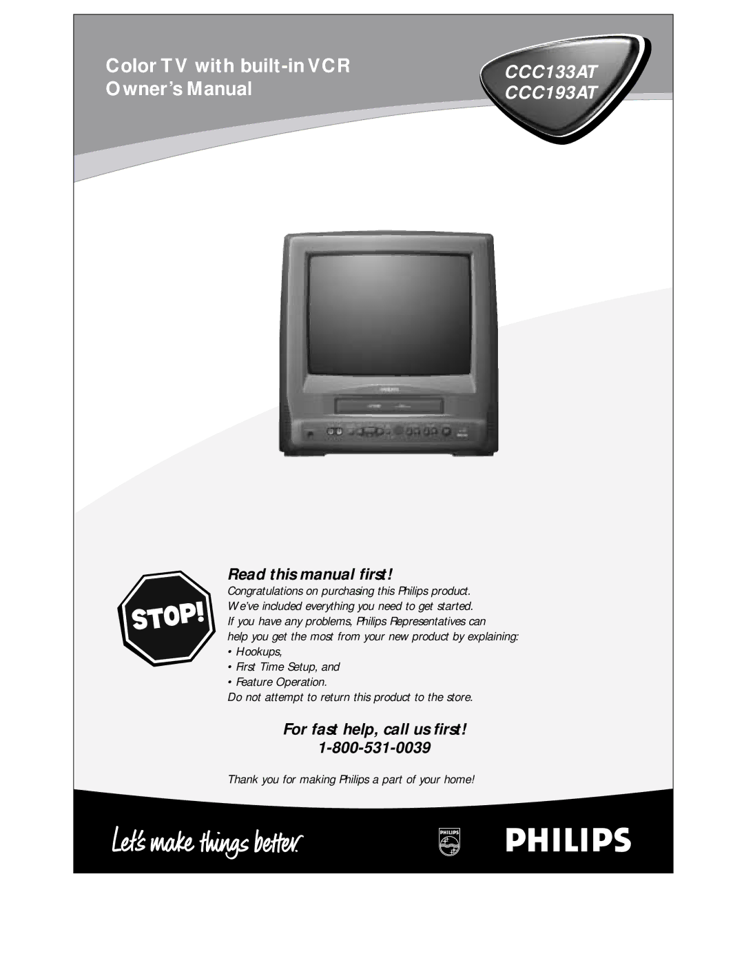 Philips CCC 193AT, CCC 133AT owner manual Color TV with built-in VCR 