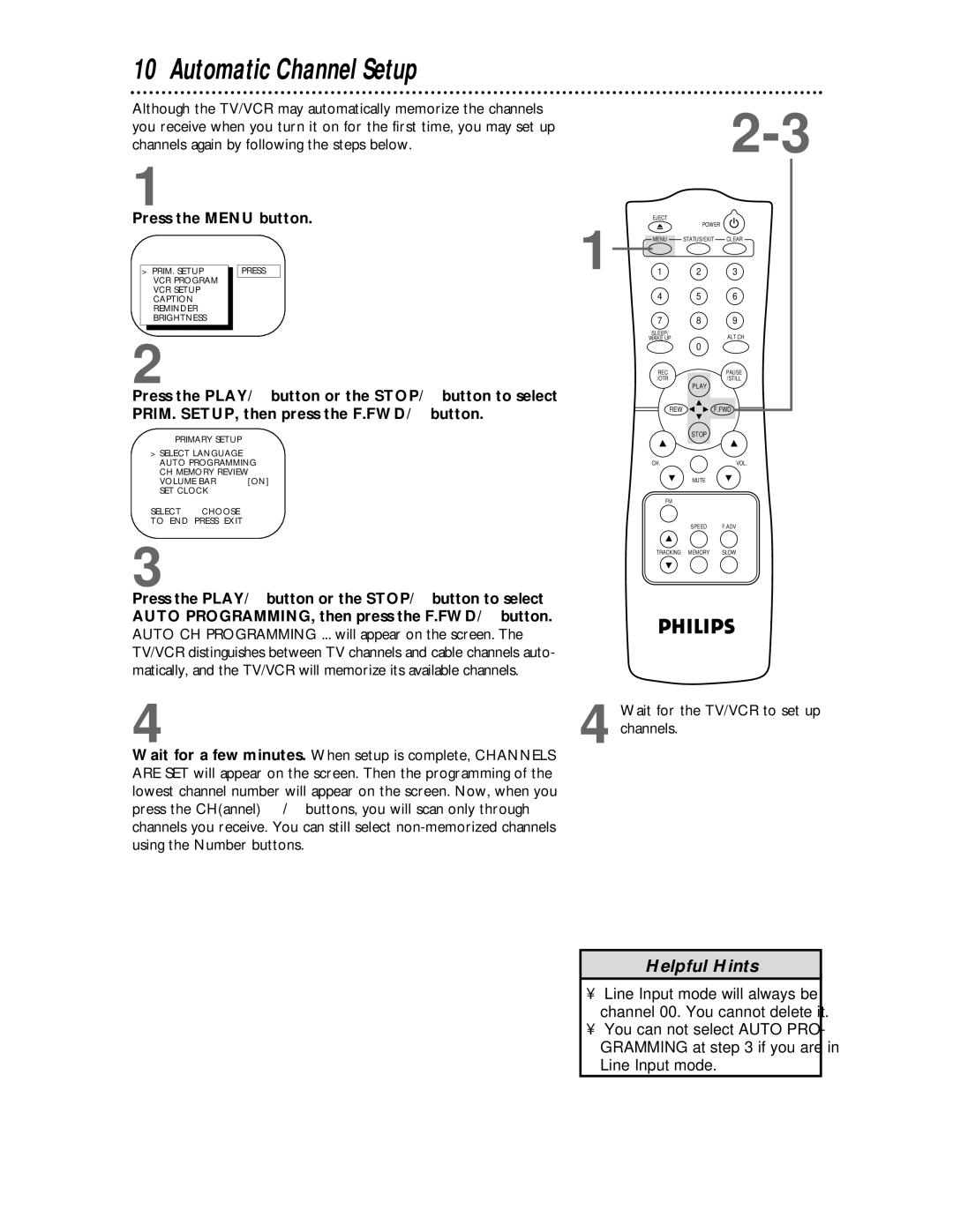 Philips CCC 133AT, CCC 193AT owner manual Automatic Channel Setup, Wait for the TV/VCR to set up channels 