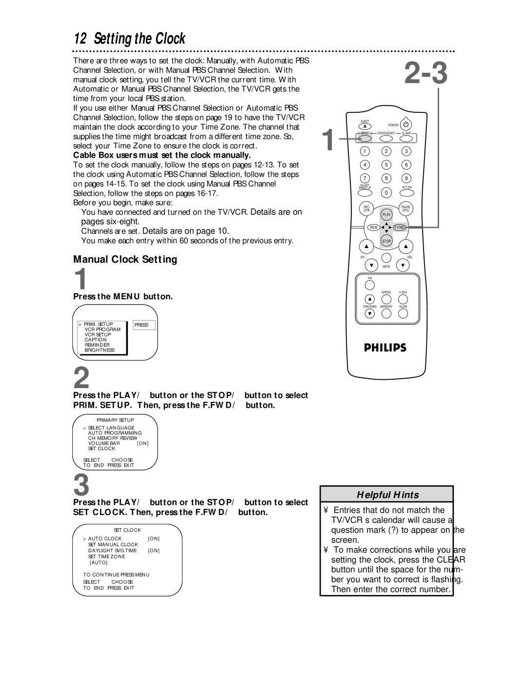 Philips CCC 133AT Setting the Clock, Manual Clock Setting, Cable Box users must set the clock manually, Pages six-eight 