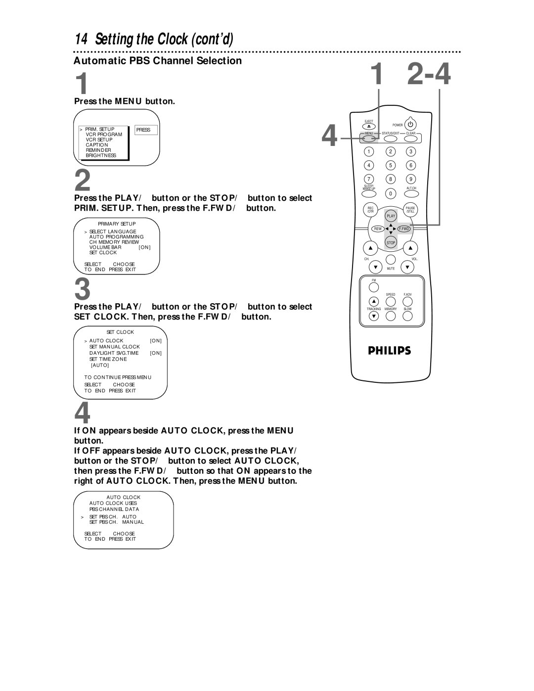 Philips CCC 133AT, CCC 193AT owner manual Setting the Clock cont’d, Automatic PBS Channel Selection 