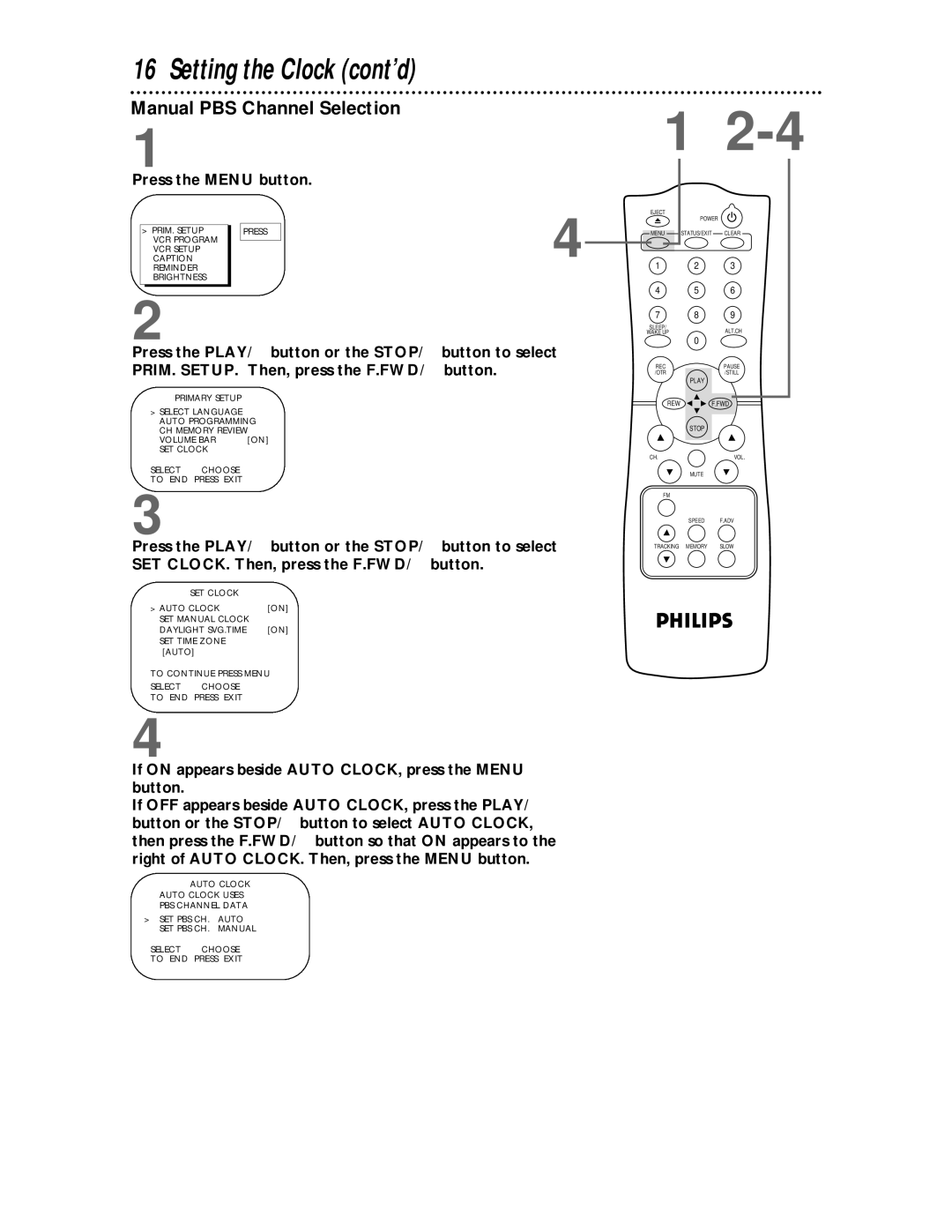 Philips CCC 133AT, CCC 193AT owner manual Manual PBS Channel Selection 