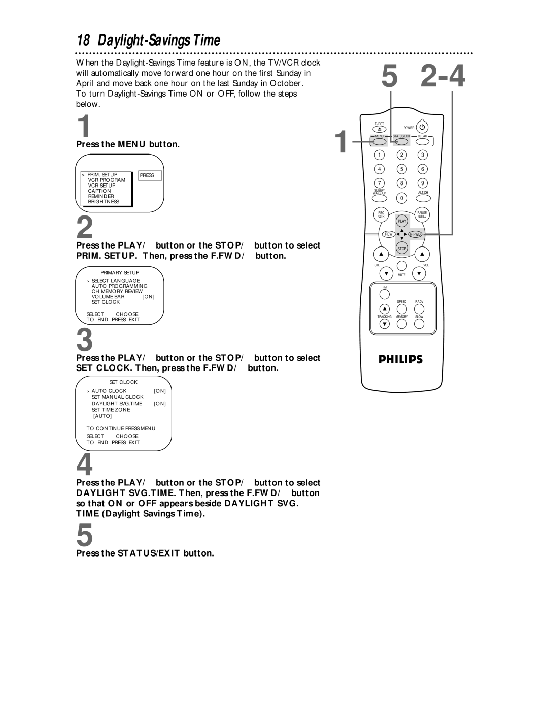 Philips CCC 133AT, CCC 193AT owner manual Daylight-Savings Time, Press the PLAY/ button or the STOP/ button to select 