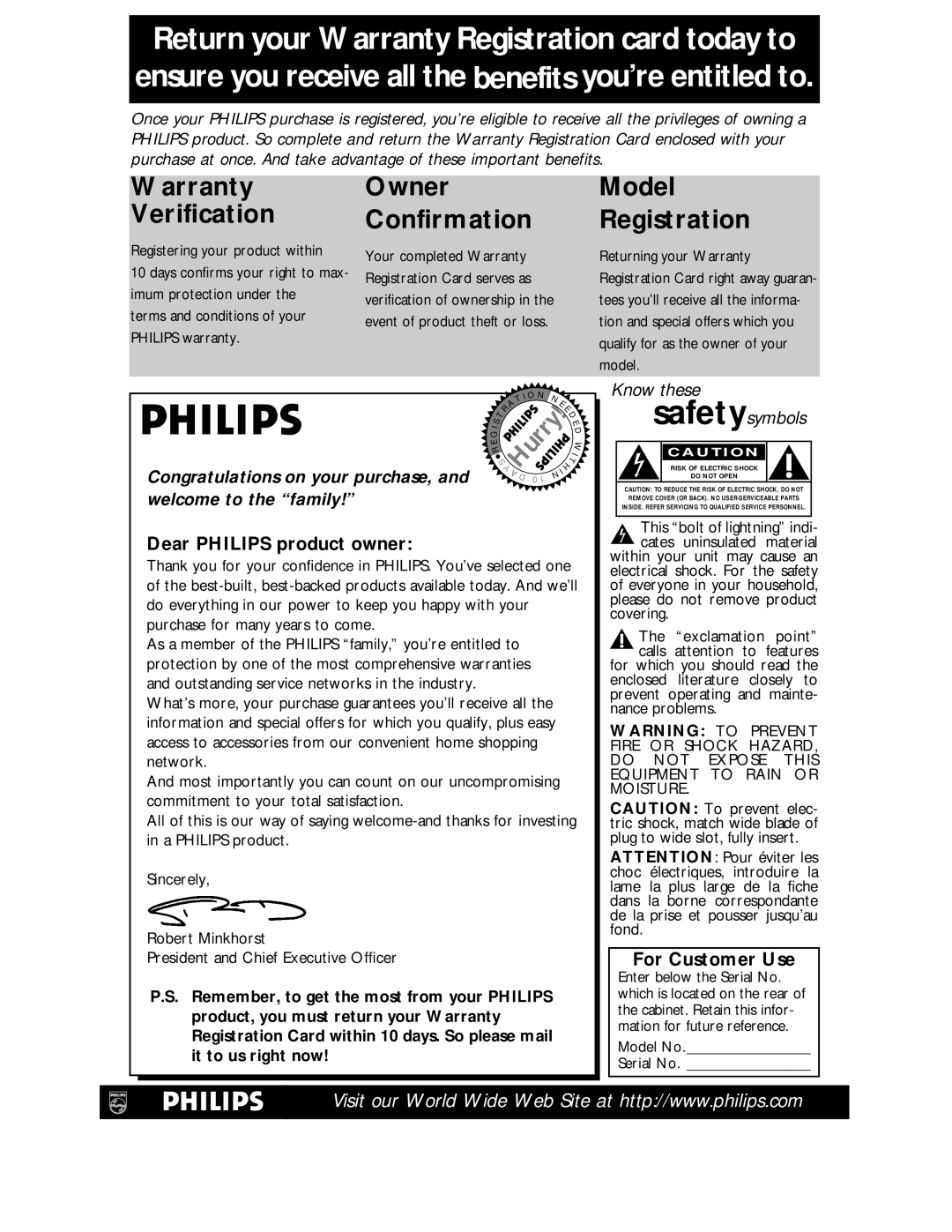 Philips CCC 133AT Dear Philips product owner, For Customer Use, This bolt of lightning indi- cates uninsulated material 