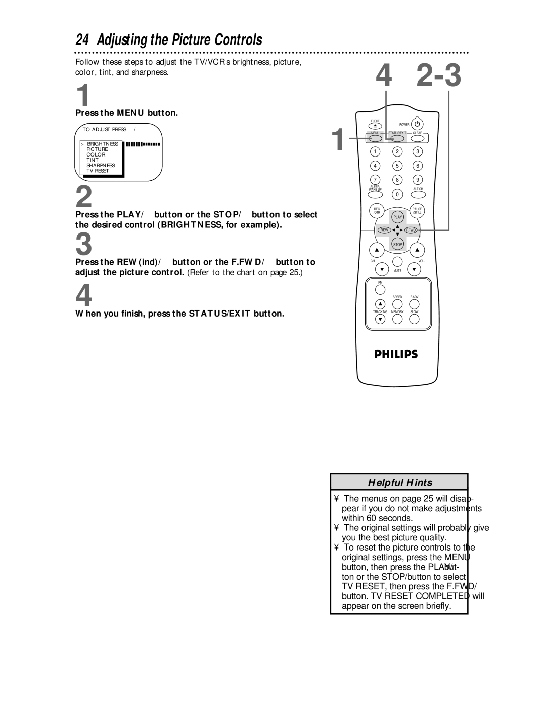 Philips CCC 133AT, CCC 193AT owner manual Adjusting the Picture Controls, Press the Menu button 