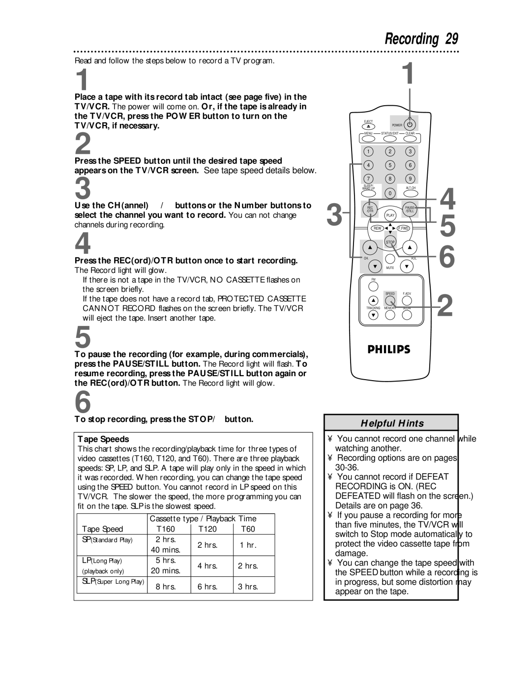 Philips CCC 193AT, CCC 133AT owner manual Recording, To stop recording, press the STOP/ button Tape Speeds 