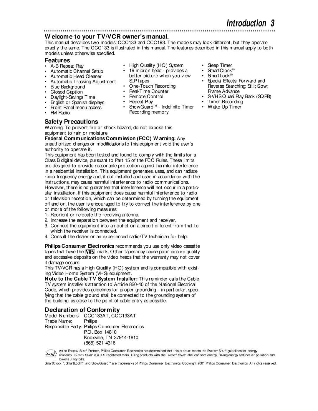 Philips CCC 193AT, CCC 133AT owner manual Introduction, Features, Safety Precautions, Declaration of Conformity 