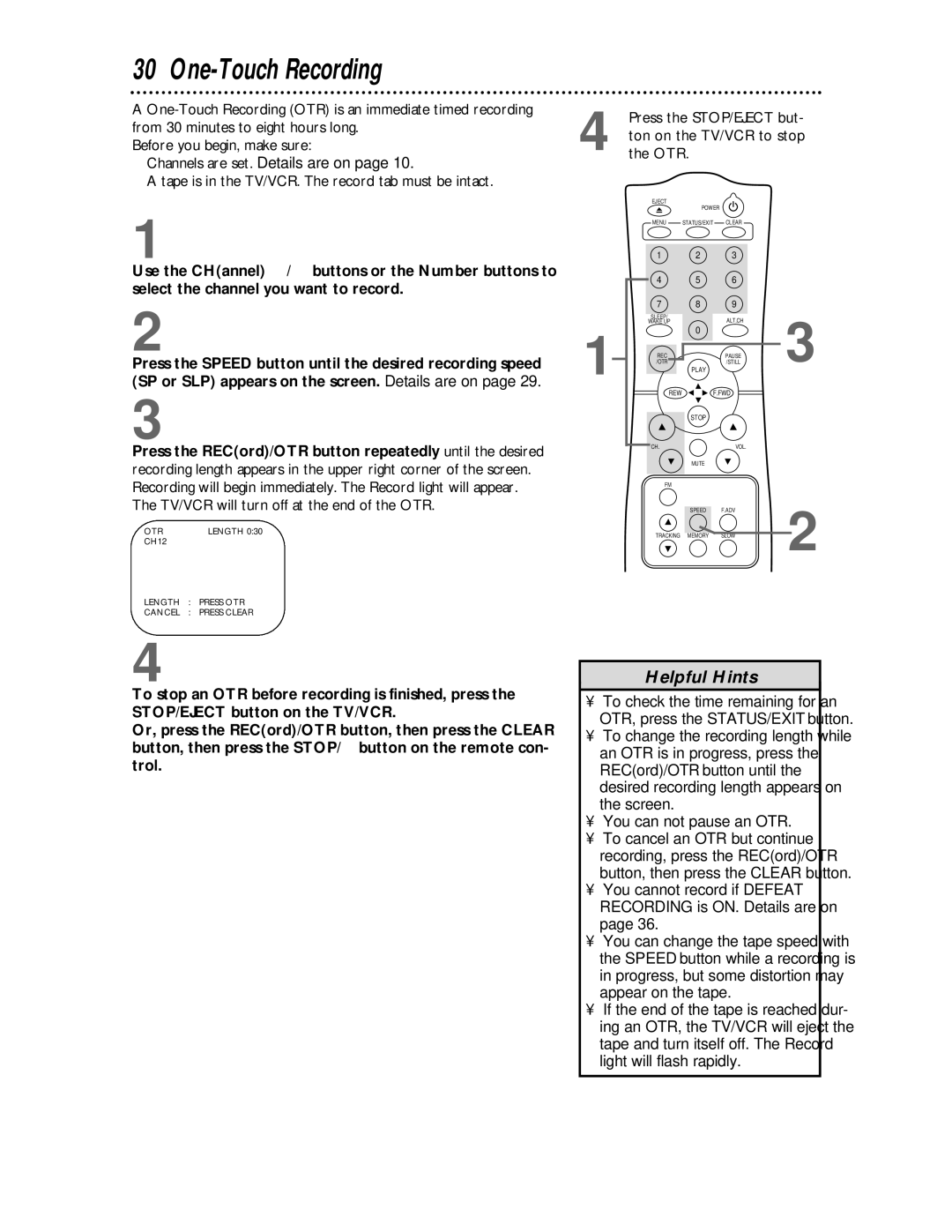 Philips CCC 133AT, CCC 193AT owner manual One-Touch Recording, You cannot record if Defeat Recording is ON. Details are on 