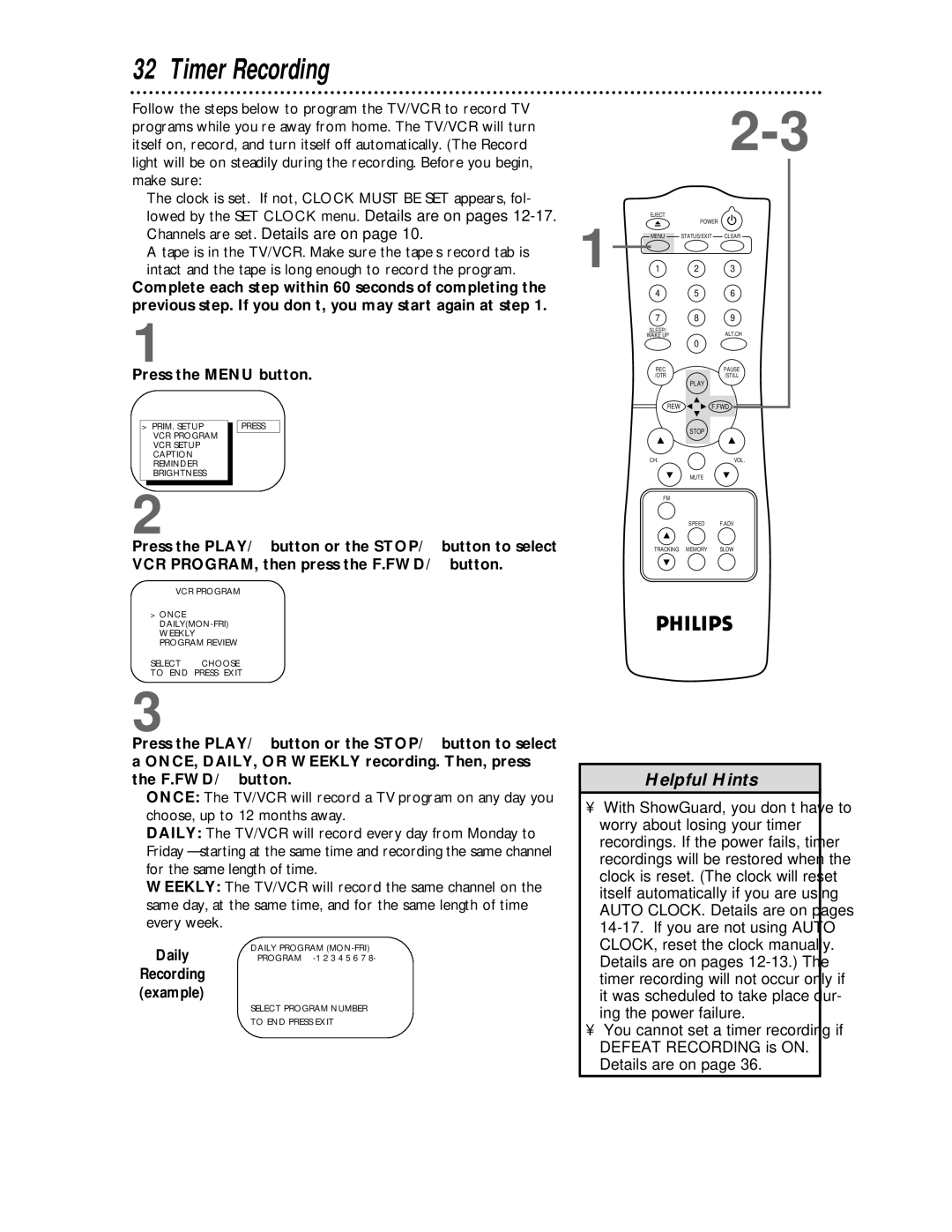 Philips CCC 133AT, CCC 193AT owner manual Timer Recording, Daily 