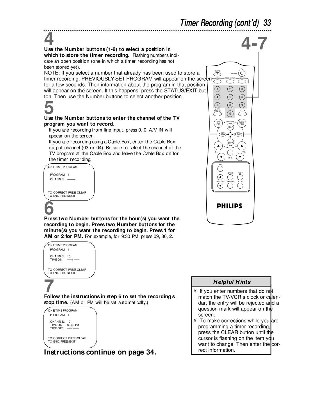 Philips CCC 193AT, CCC 133AT owner manual Timer Recording cont’d 