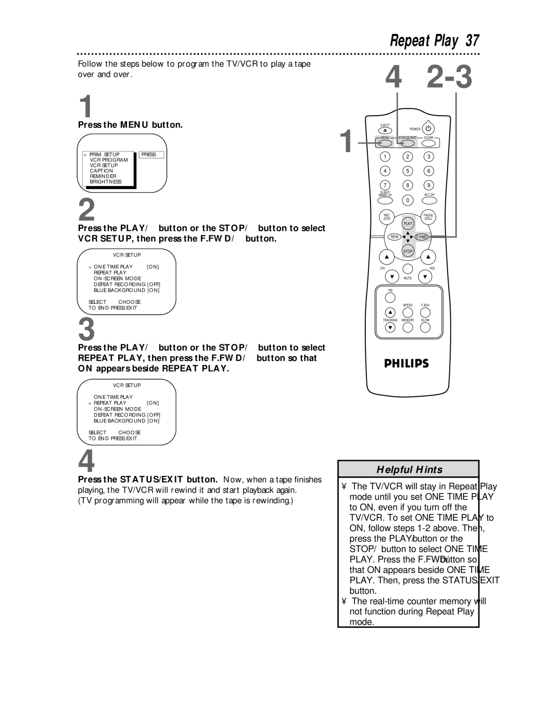 Philips CCC 193AT, CCC 133AT owner manual Repeat Play, VCR SETUP, then press the F.FWD/B button 