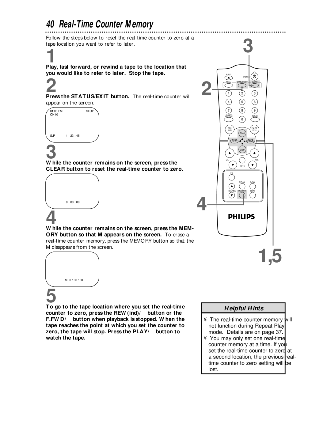 Philips CCC 133AT, CCC 193AT owner manual Real-Time Counter Memory, Appear on the screen 