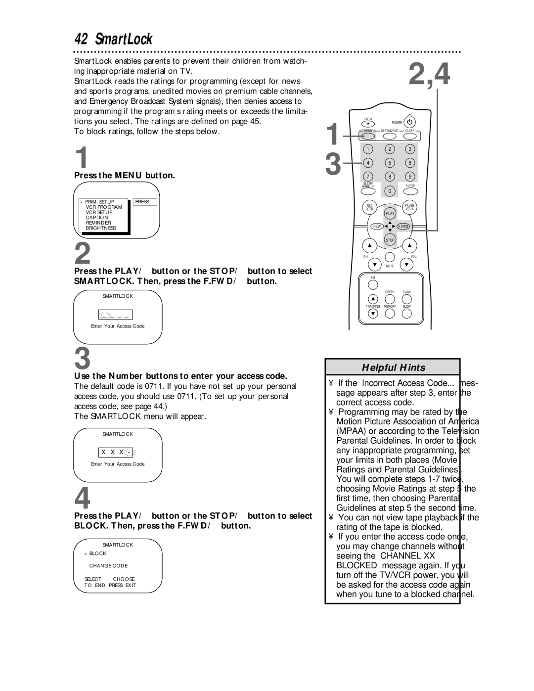 Philips CCC 133AT, CCC 193AT owner manual SmartLock, To block ratings, follow the steps below, Smartlock menu will appear 