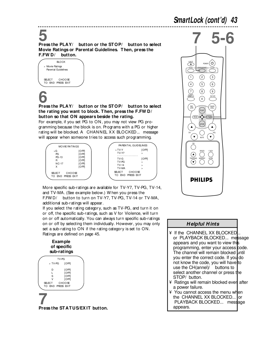 Philips CCC 193AT, CCC 133AT owner manual SmartLock cont’d, Ratings are defined on, Example Specific Sub-ratings 