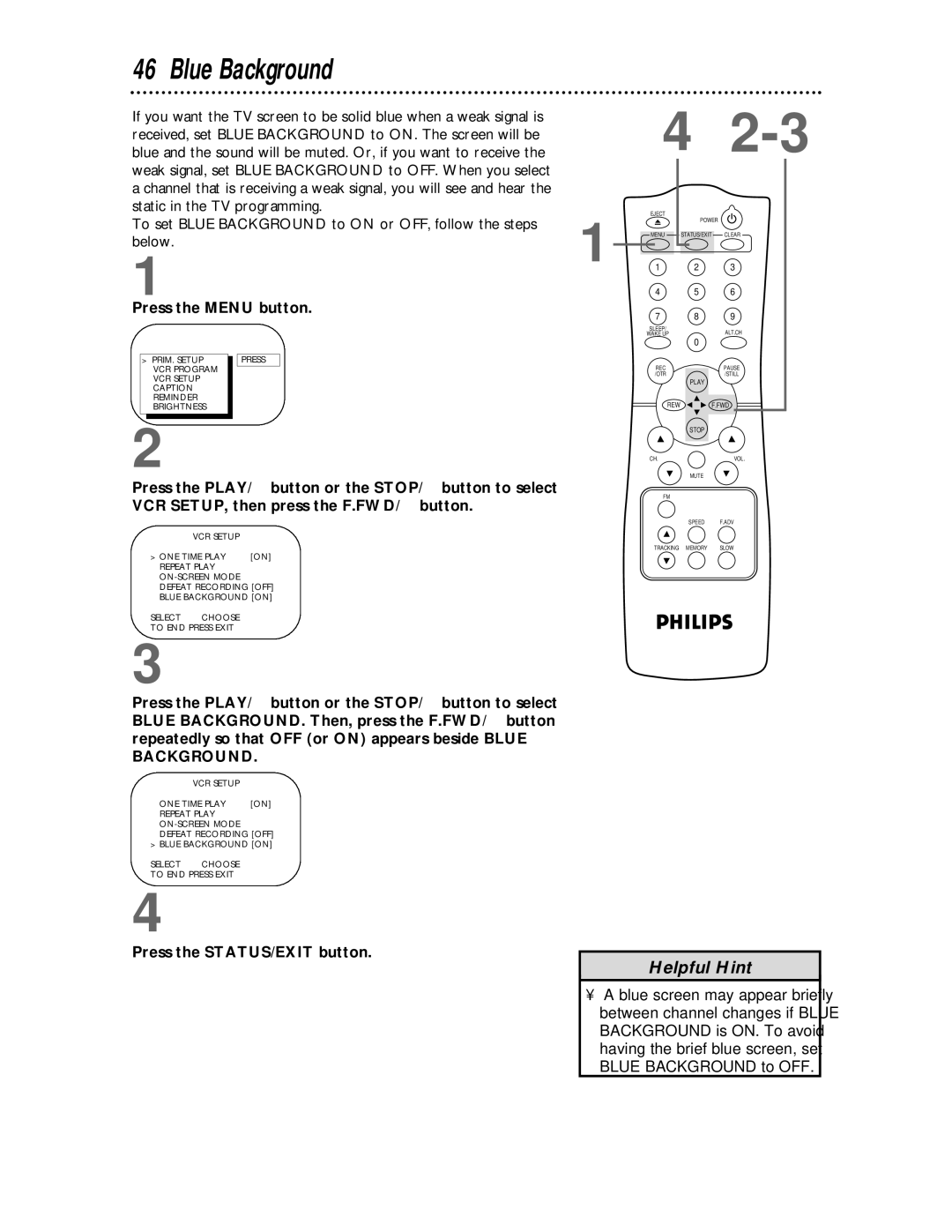 Philips CCC 133AT, CCC 193AT owner manual Blue Background, VCR Program VCR Setup Caption Reminder 