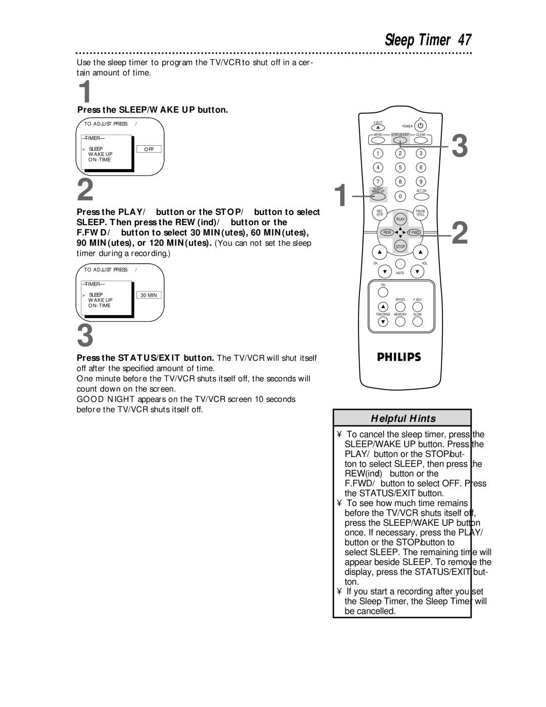 Philips CCC 193AT, CCC 133AT Sleep Timer, Press the SLEEP/WAKE UP button, SLEEP. Then press the REWind/s button or 