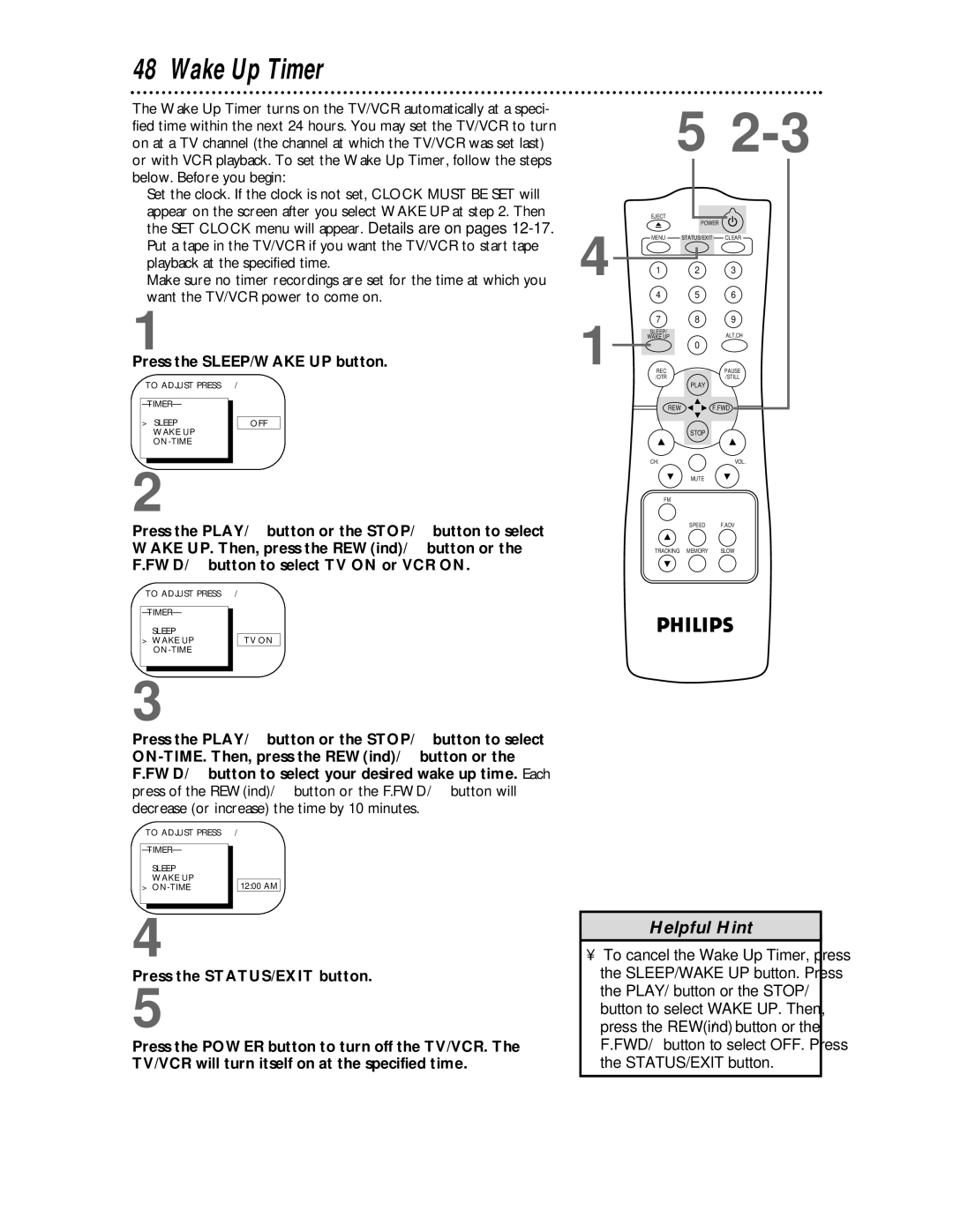 Philips CCC 133AT, CCC 193AT owner manual Wake Up Timer, Timer Sleep Wake UP TV on ON-TIME 