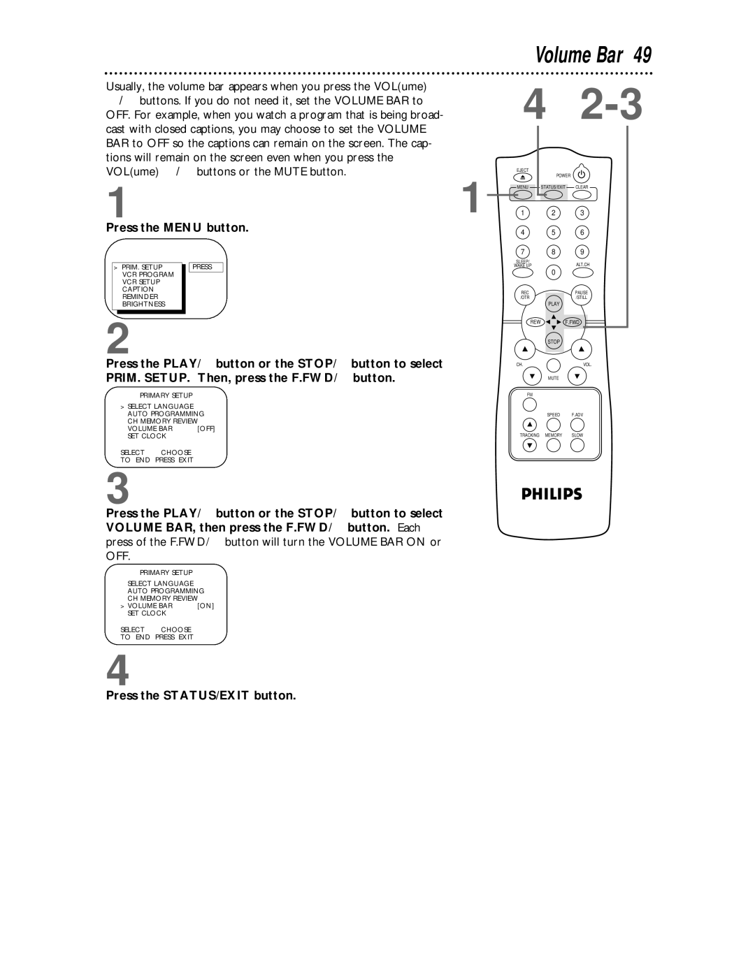 Philips CCC 193AT, CCC 133AT owner manual Volume Bar, Cast with closed captions, you may choose to set the Volume 