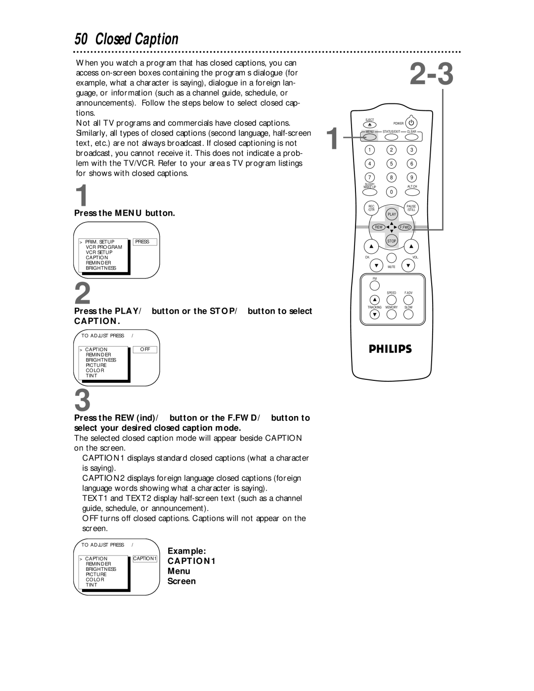 Philips CCC 133AT, CCC 193AT owner manual Closed Caption, Example, Menu Screen 