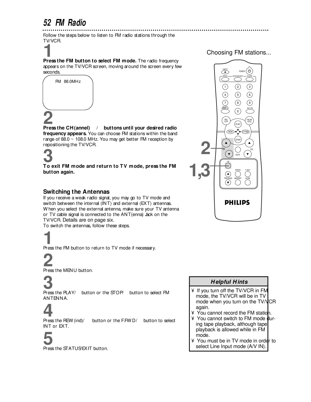 Philips CCC 133AT, CCC 193AT owner manual FM Radio, Switching the Antennas 