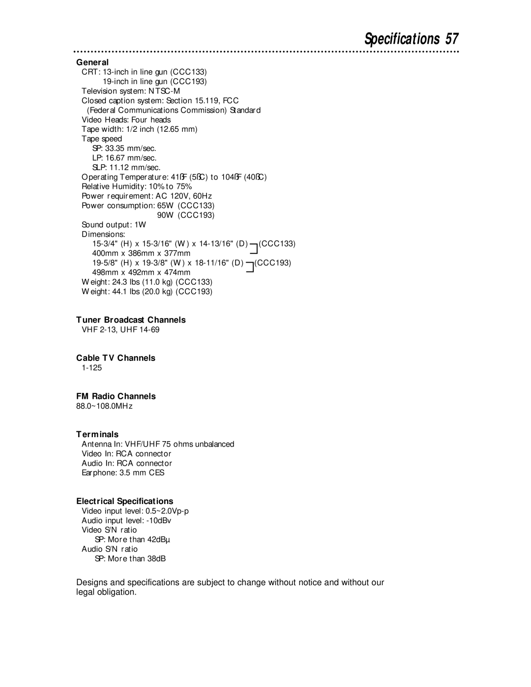 Philips CCC 193AT, CCC 133AT owner manual Specifications 