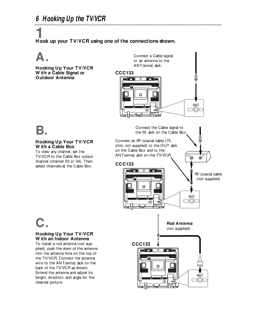 Philips CCC 133AT, CCC 193AT Hooking Up the TV/VCR, Hook up your TV/VCR using one of the connections shown, Rod Antenna 