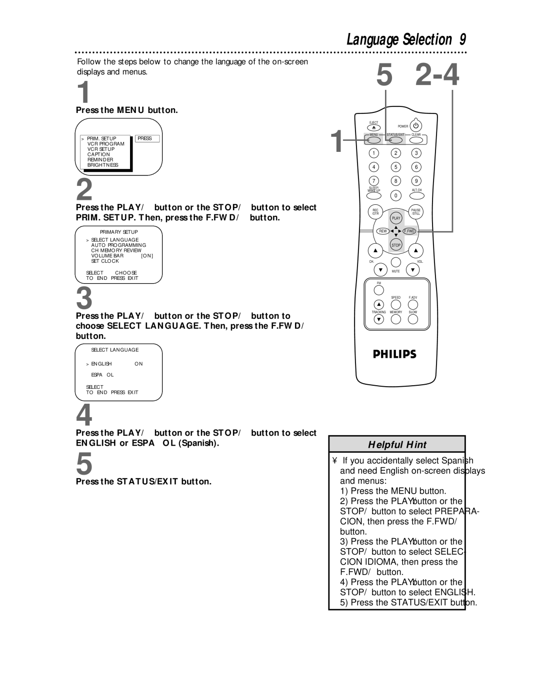 Philips CCC 193AT, CCC 133AT owner manual Language Selection, Press the Menu button, Press the STATUS/EXIT button 