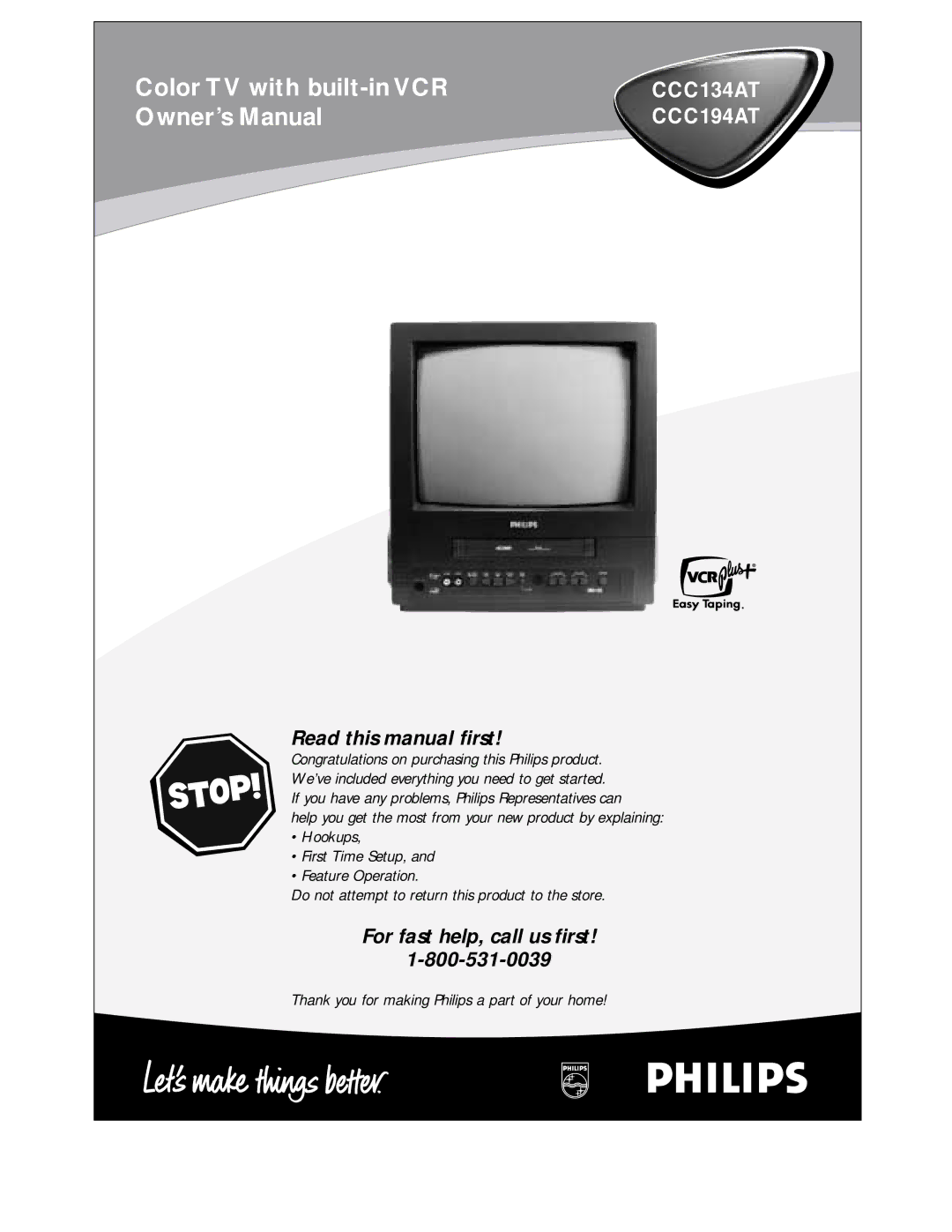 Philips CCC 194AT, CCC 134AT owner manual Color TV with built-in VCR 