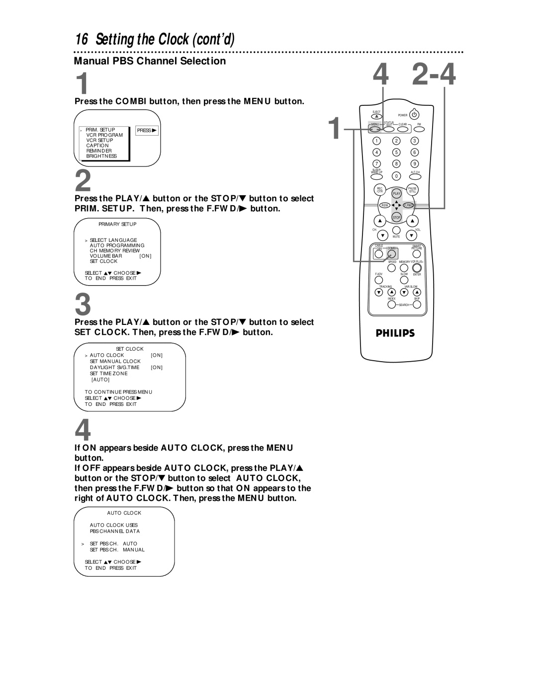 Philips CCC 134AT, CCC 194AT owner manual Manual PBS Channel Selection 