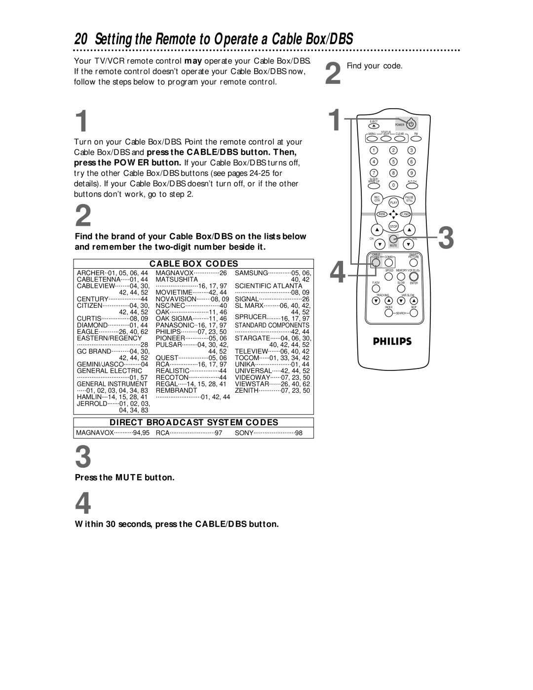 Philips CCC 134AT Setting the Remote to Operate a Cable Box/DBS, Find your code, Remember the two-digit number beside it 