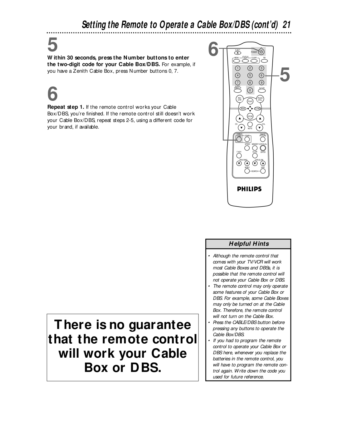 Philips CCC 194AT Within 30 seconds, press the Number buttons to enter, Repeat . If the remote control works your Cable 