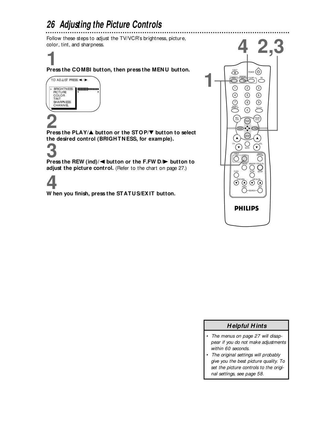 Philips CCC 134AT, CCC 194AT owner manual Adjusting the Picture Controls, Press the Combi button, then press the Menu button 