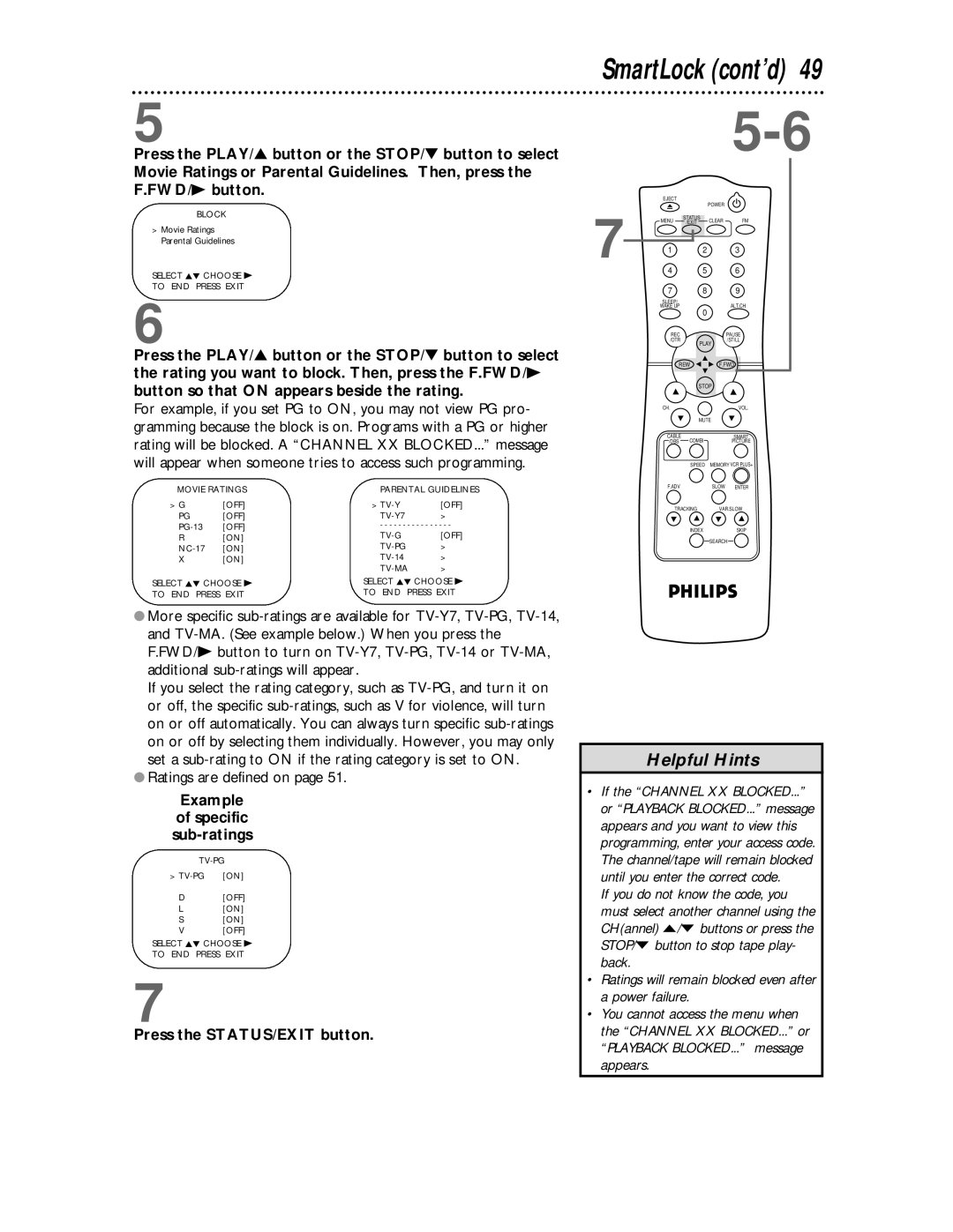 Philips CCC 194AT, CCC 134AT owner manual SmartLock cont’d, Ratings are defined on, Example Specific Sub-ratings 