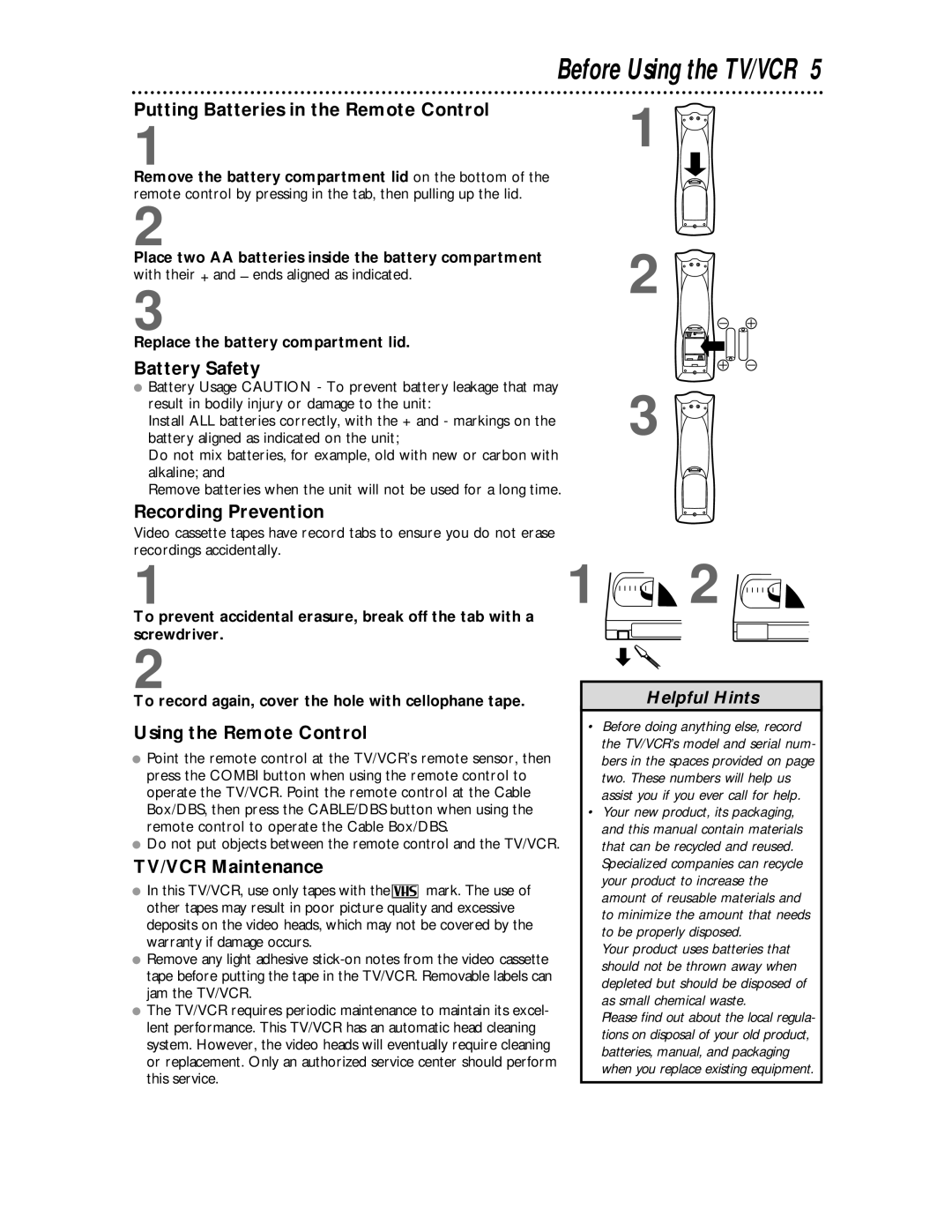 Philips CCC 194AT Putting Batteries in the Remote Control, Battery Safety, Recording Prevention, Using the Remote Control 