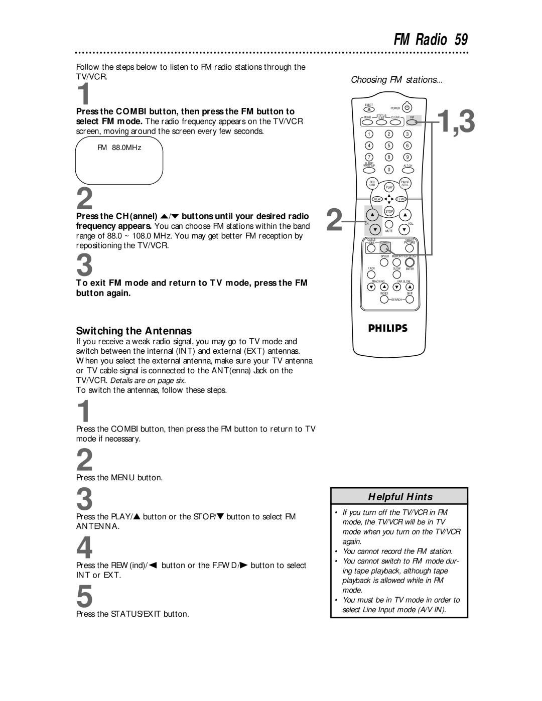 Philips CCC 194AT, CCC 134AT owner manual FM Radio, Switching the Antennas 