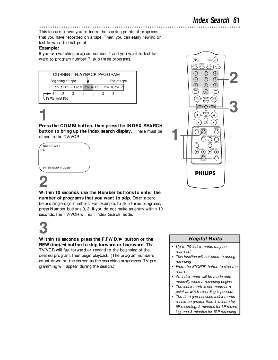 Philips CCC 194AT, CCC 134AT owner manual Index Search, Tape in the TV/VCR 