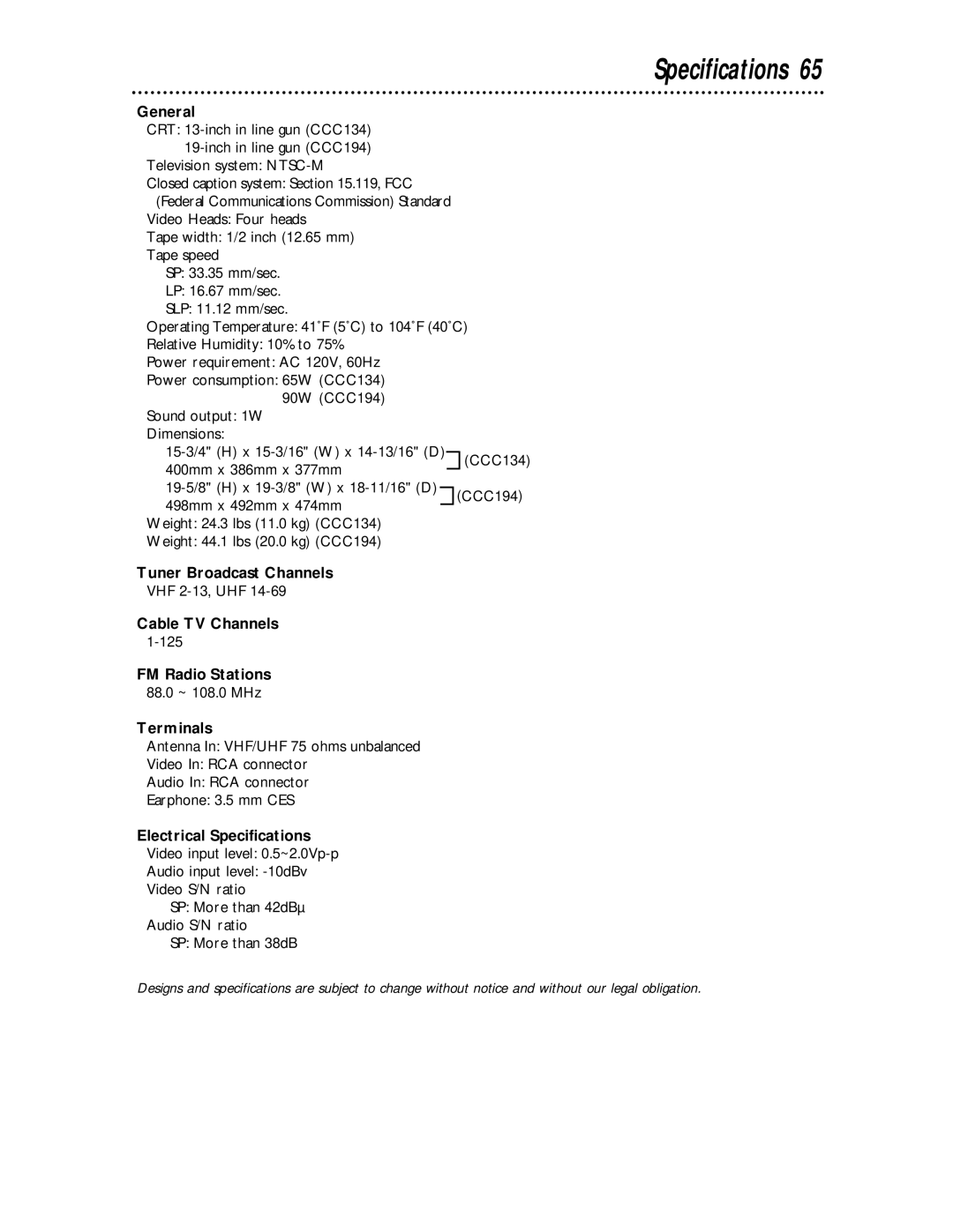 Philips CCC 194AT, CCC 134AT owner manual Specifications 