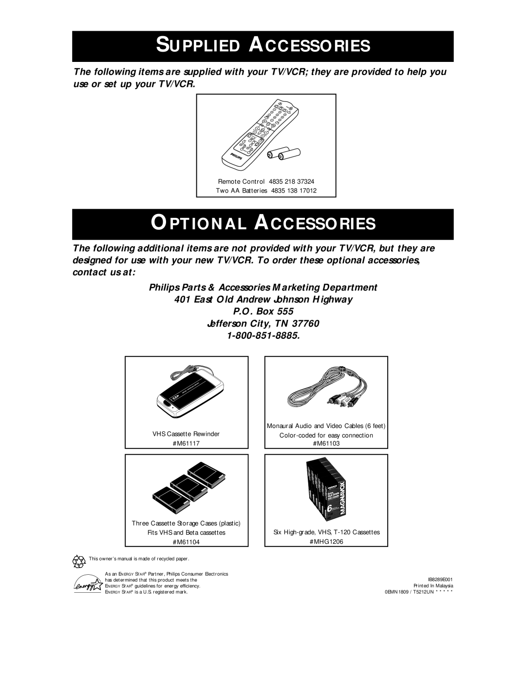 Philips CCC 134AT, CCC 194AT owner manual Supplied Accessories 