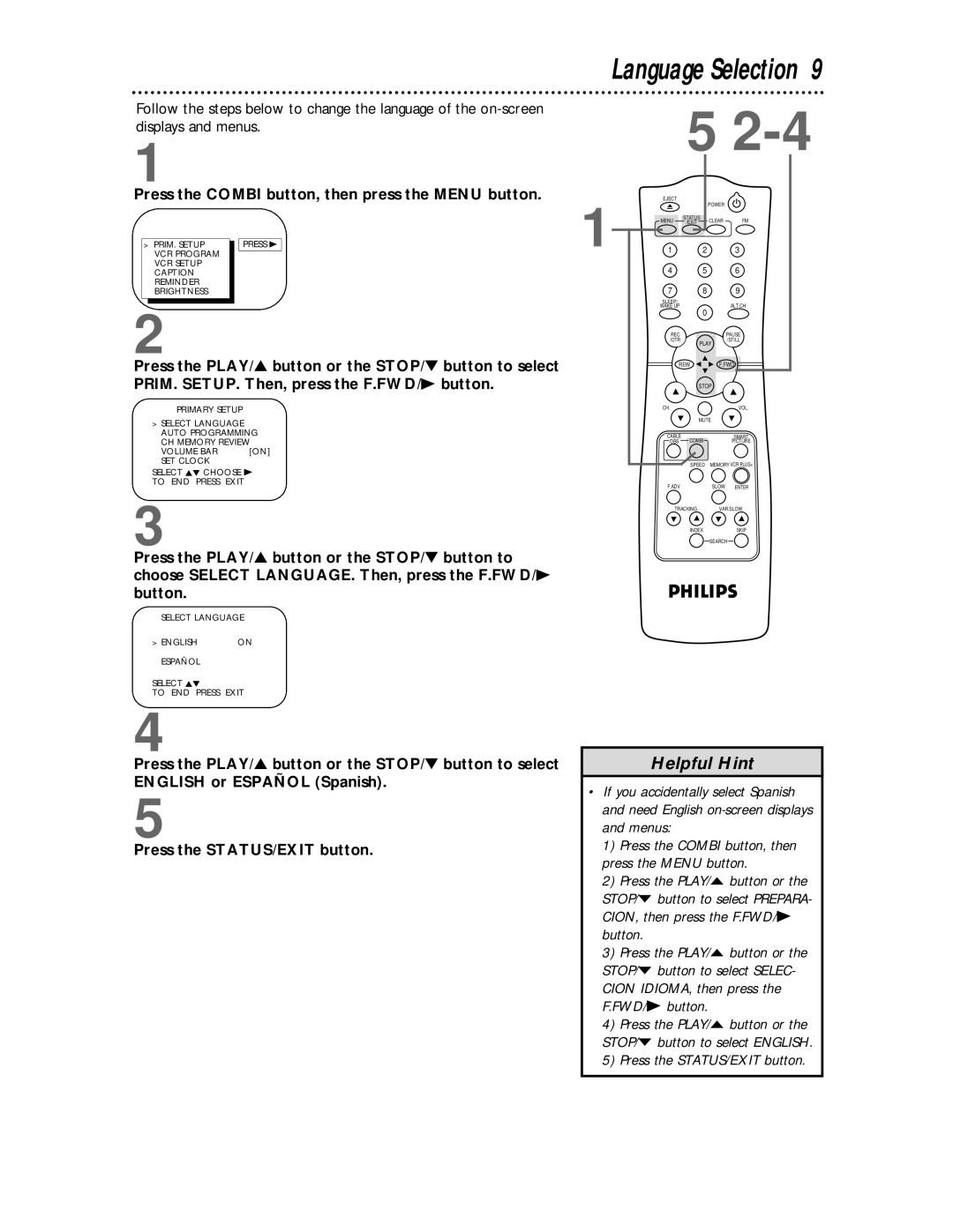 Philips CCC 194AT, CCC 134AT owner manual Language Selection, Press the Combi button, then press the Menu button 