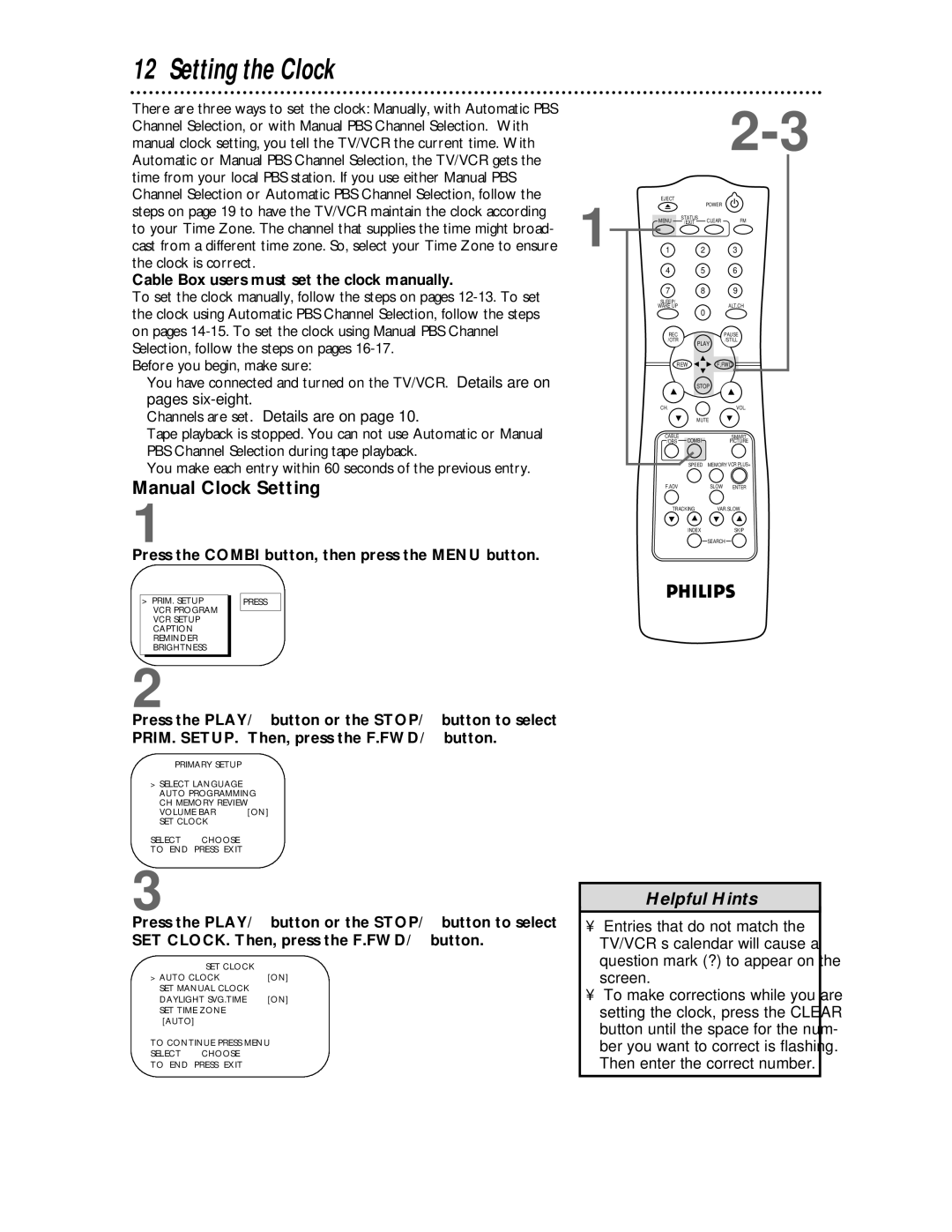 Philips CCC134, CCC194 owner manual Setting the Clock, Manual Clock Setting, Cable Box users must set the clock manually 